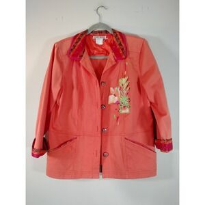 Nancy Bolen City Girl Coral Pink Floral Applique Blazer Jacket Womens Size 10